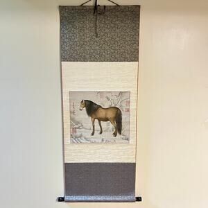 Vintage Chinese Xuan Fabric On Paper Scroll Painting Divine Steed Lang Shining